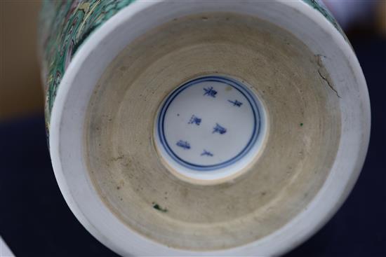 A Chinese famille verte brush pot, Kangxi mark but late 19th century, H.15.5cm, Diam.18cm
